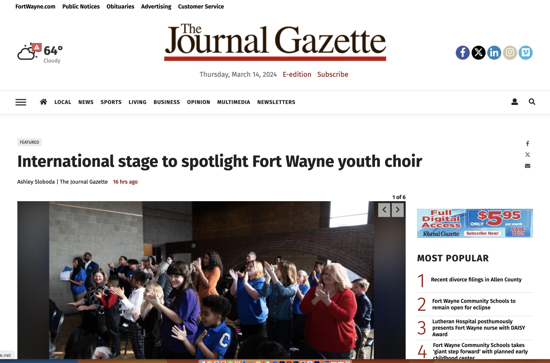 Journal Gazette: International stage to spotlight Fort Wayne youth choir