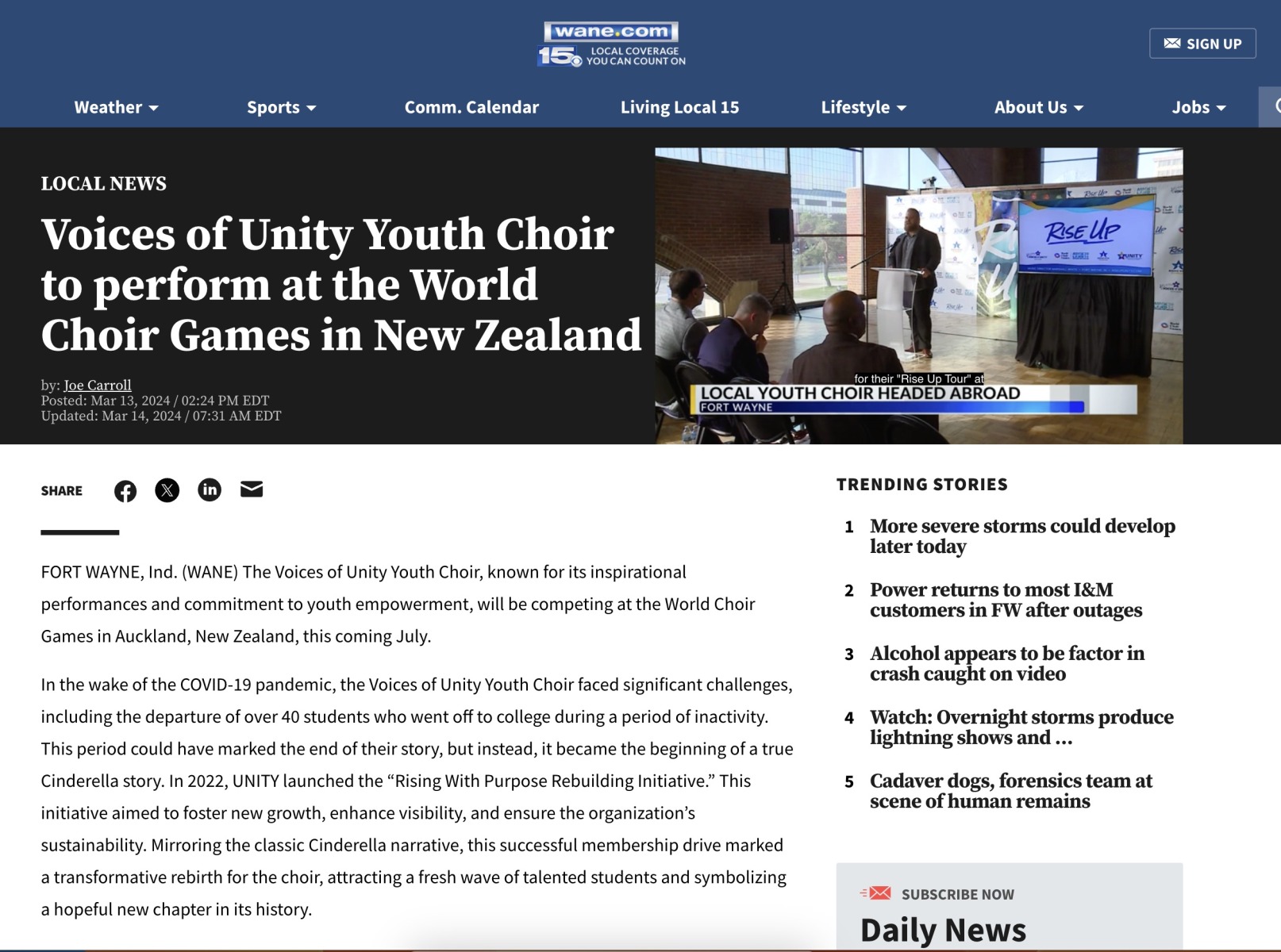 WANE TV: Voices of Unity Youth Choir to perform at the World Choir Games in New Zealand